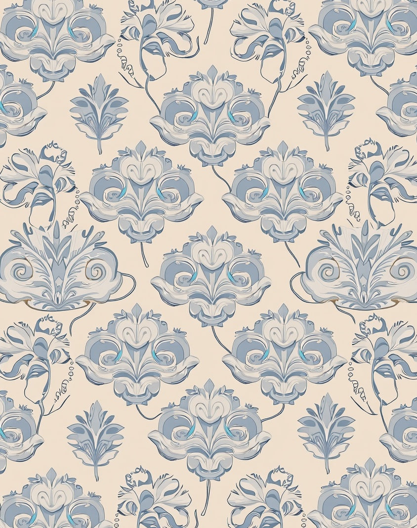 Pale Blue Cream Damask Floral Pattern Rug