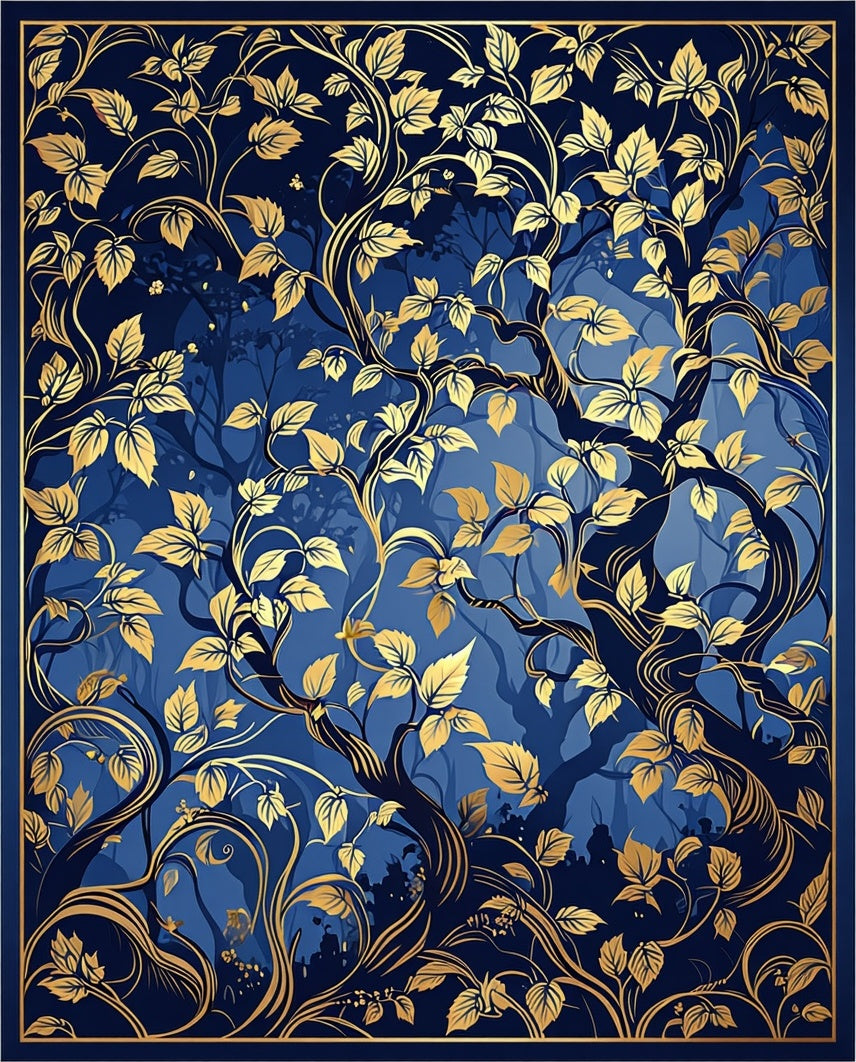 Enchanted Blue Gold Forest Vines Design Rug
