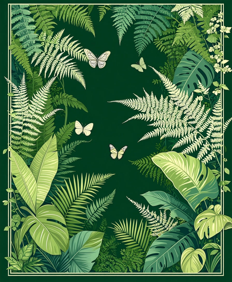 Lush Tropical Fern and Butterfly Pattern Rug