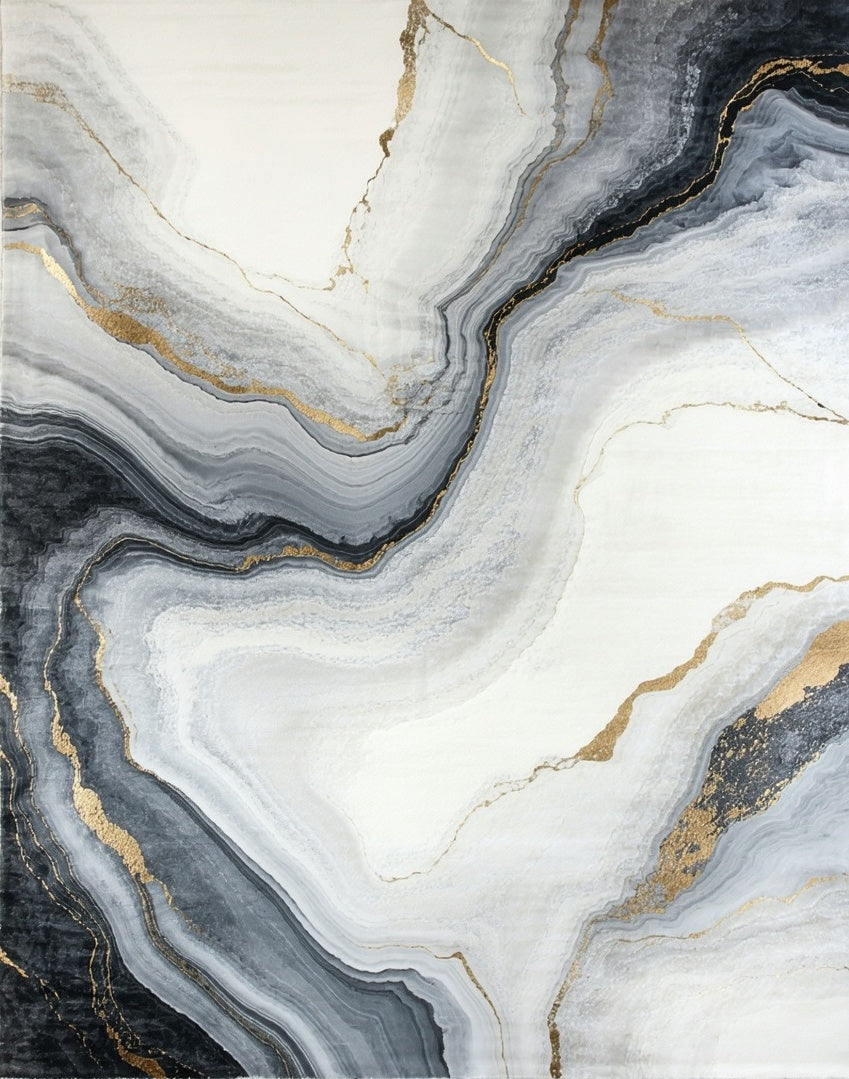 Abstract Gold Veined Marble Pattern Rug