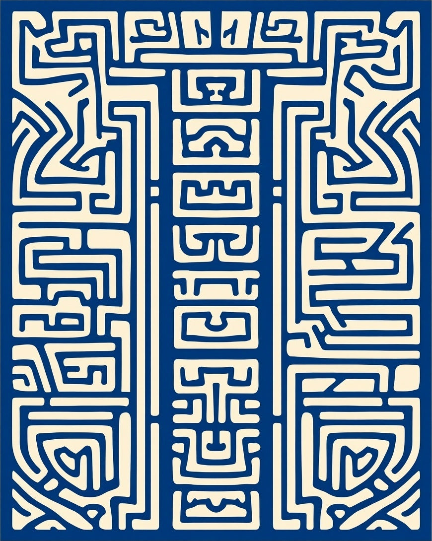 Abstract Blue Cream Maze Design Rug