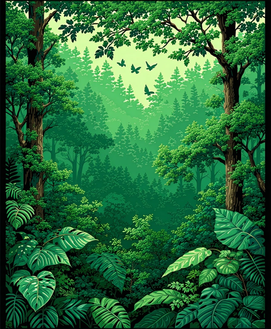 Lush Jungle Foliage Forest Scene Rug