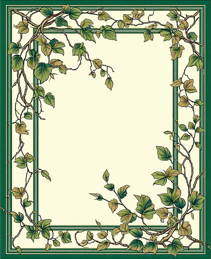 Vine Leaf Patterned Green Border Rug