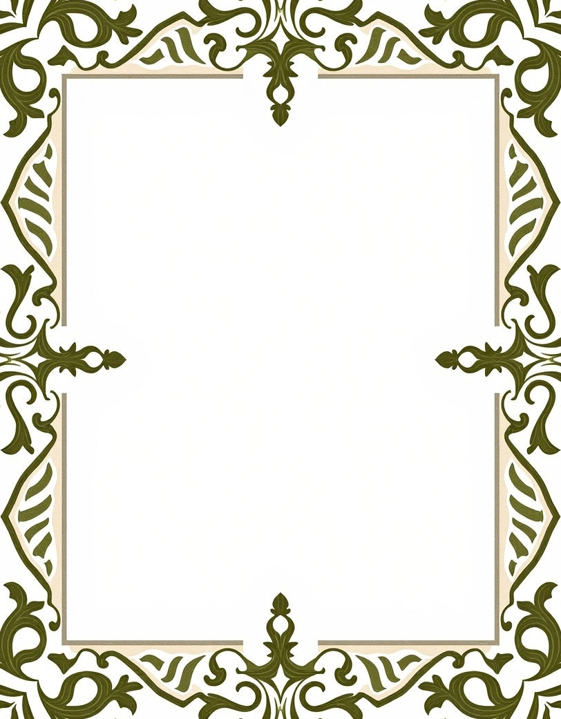 Ornate Olive Green Scrollwork Border Rug