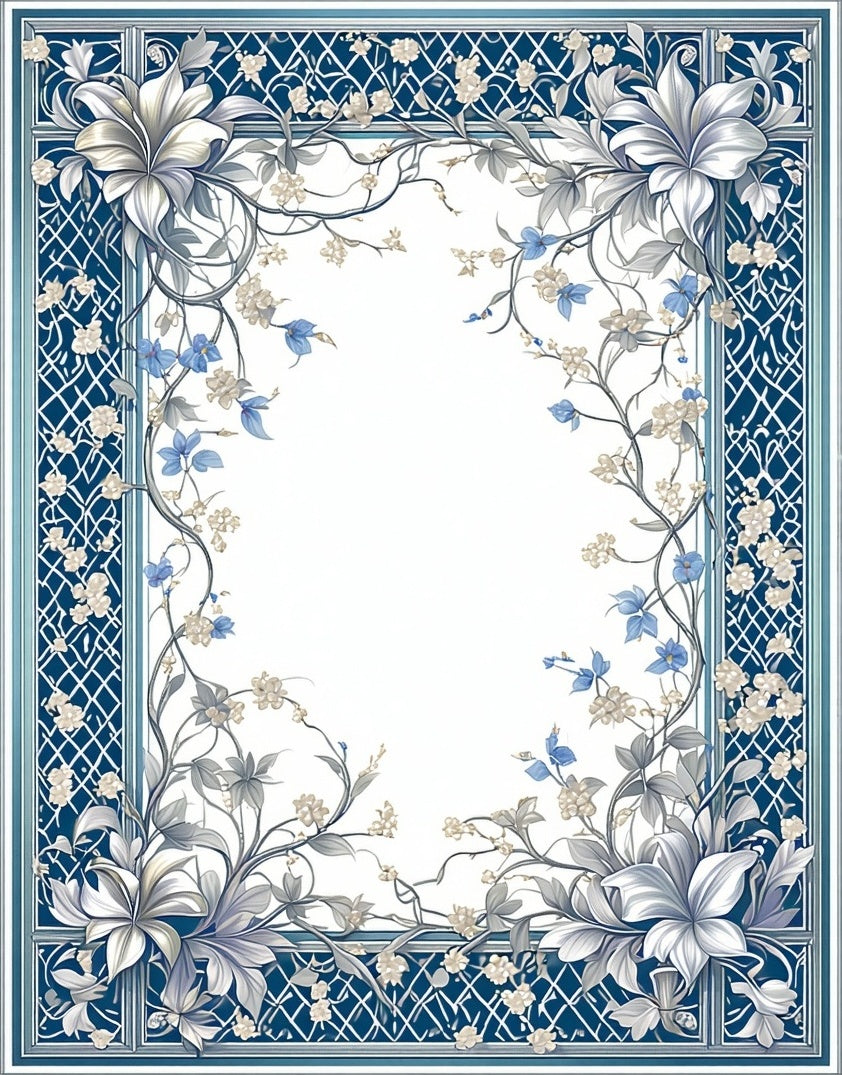 Ornate Blue White Floral Vine Design Rug