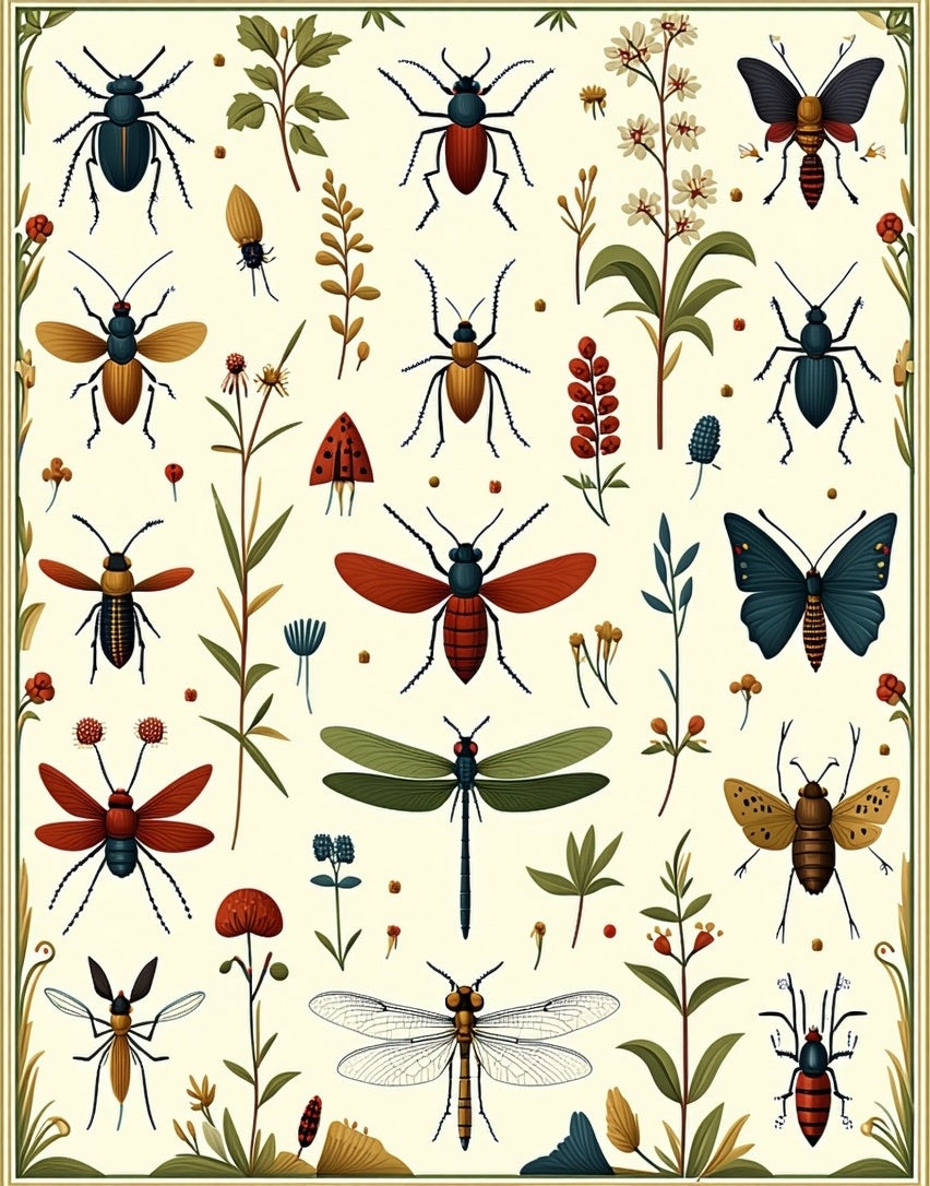 Botanical Insect Dragonflies Illustration Rug