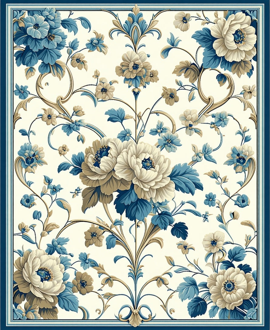 Elegant Floral Blue Cream Scroll Design Rug