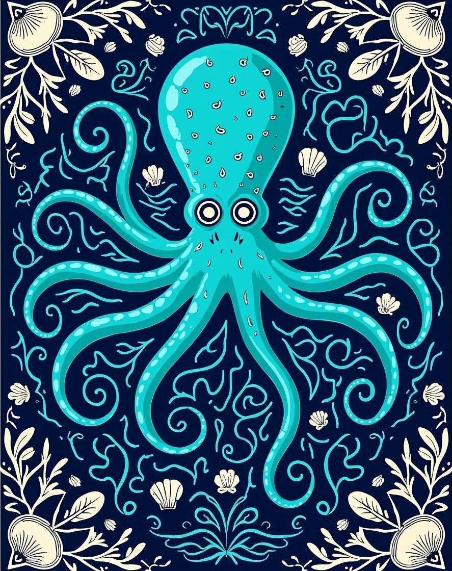 Aqua Octopus With Seashell Border Rug