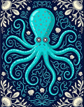 Aqua Octopus With Seashell Border Rug