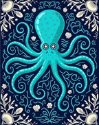 Aqua Octopus With Seashell Border Rug