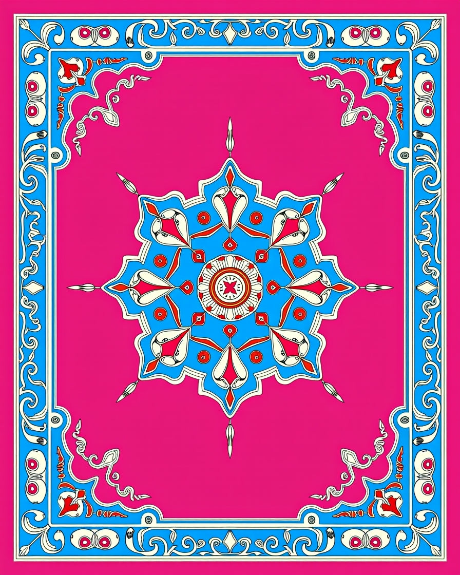 Vibrant Pink Blue Medallion Frame Art Rug