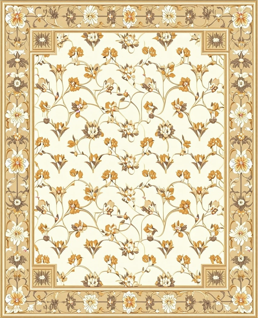 Cream Floral Vine Scroll Border Design Rug