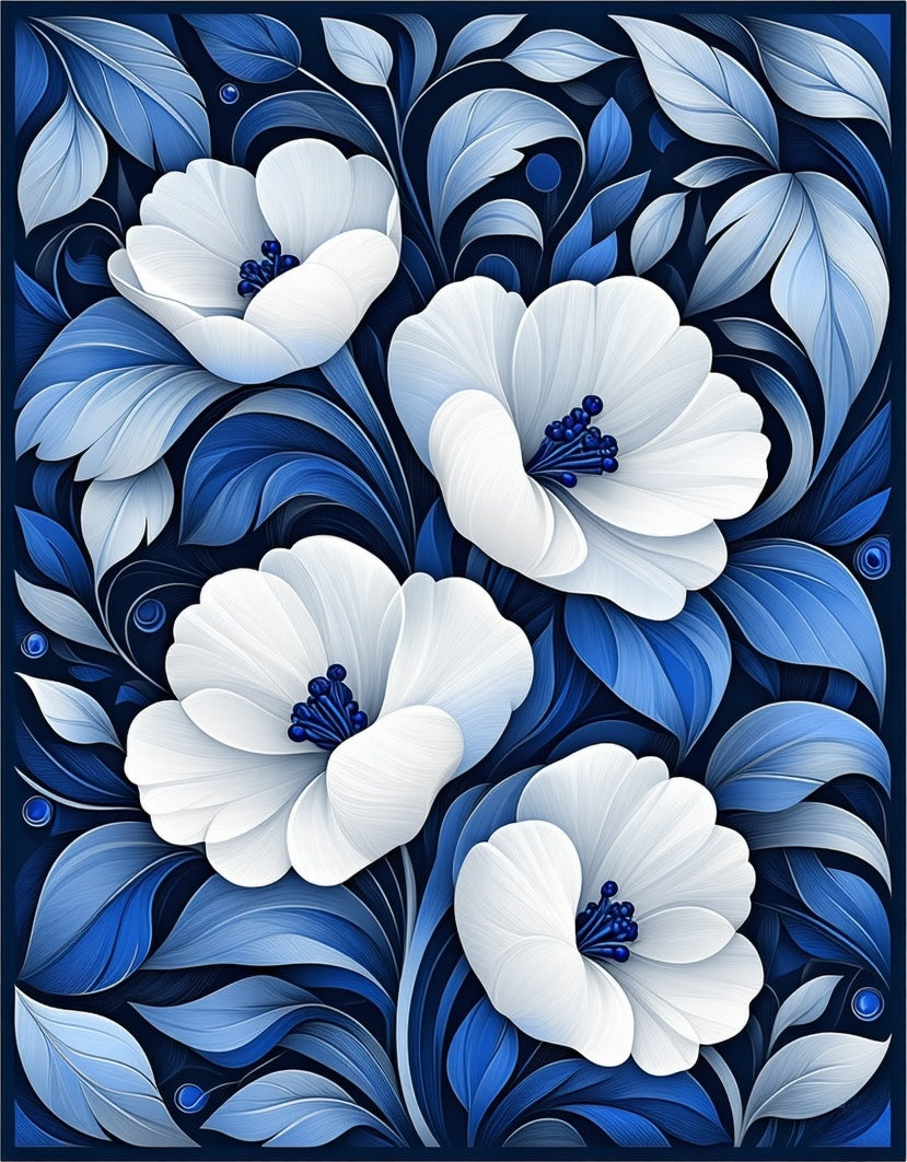 White Blue Floral Pattern Rug