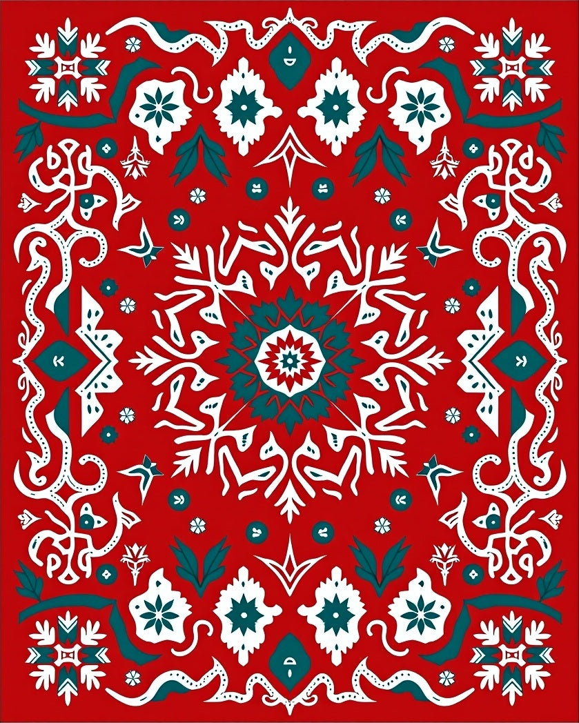 Red Teal Geometric Mandala Medallion Rug