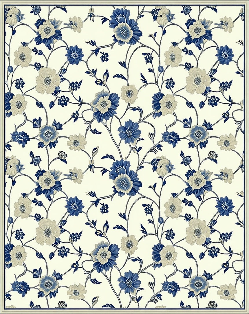 Vintage Blue Cream Floral Vines Rug