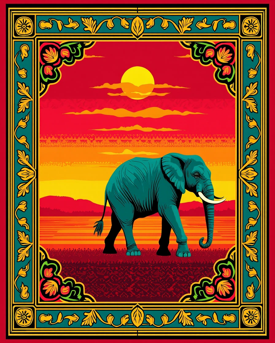 Jade Elephant Sunset Floral Border Design Rug