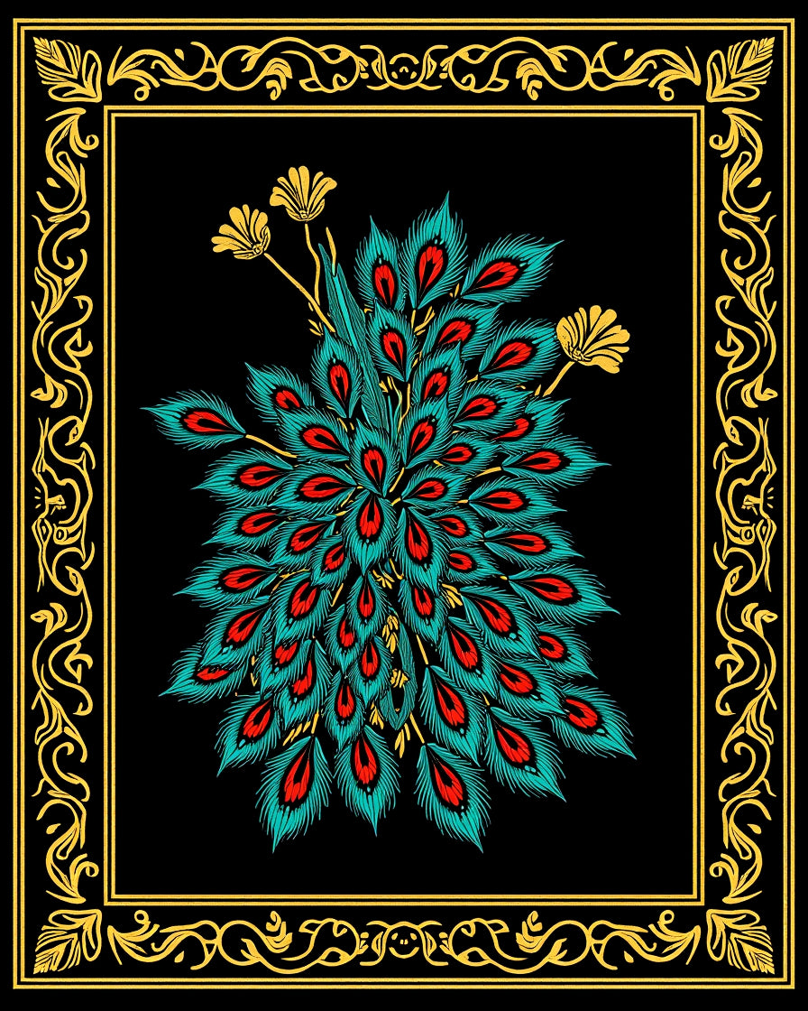Ornate Peacock Feather Art Nouveau Rug