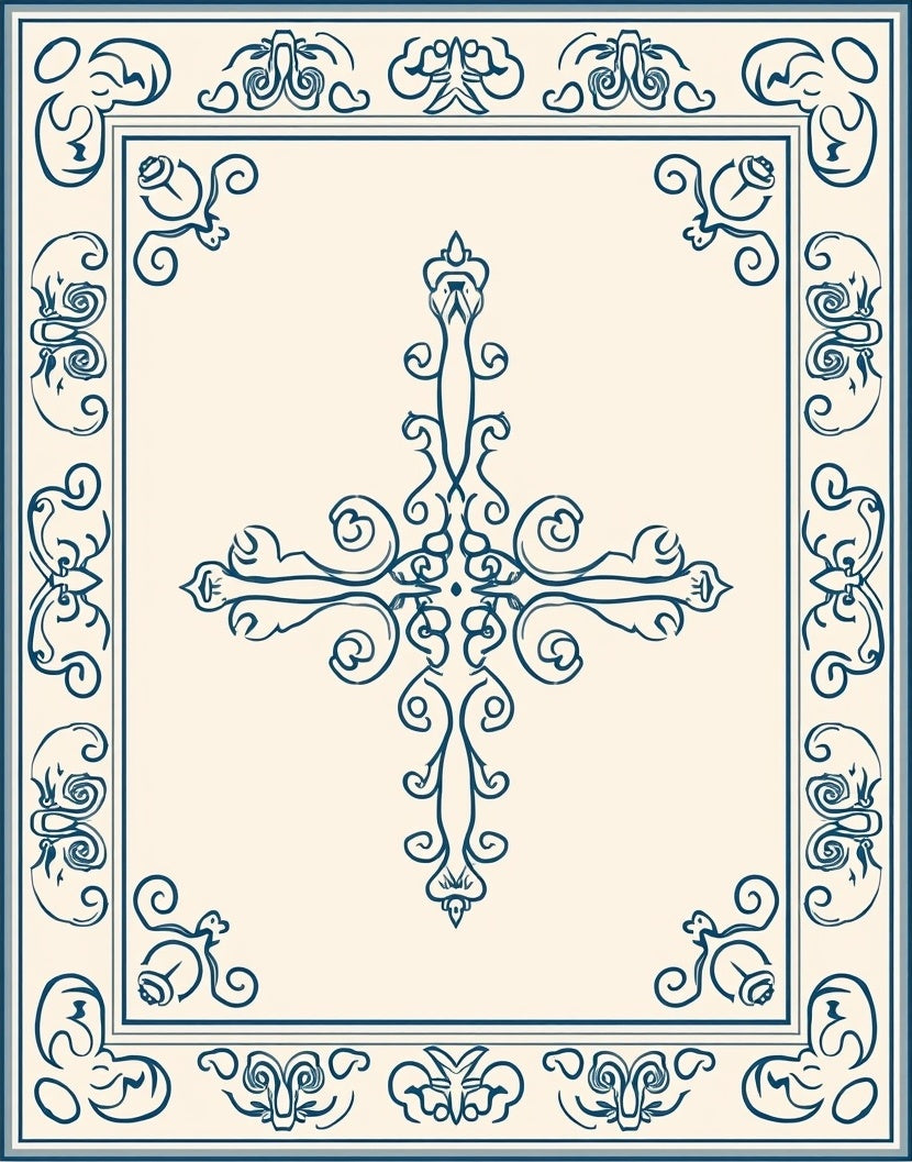Elegant Dark Blue Scrollwork Pattern Rug