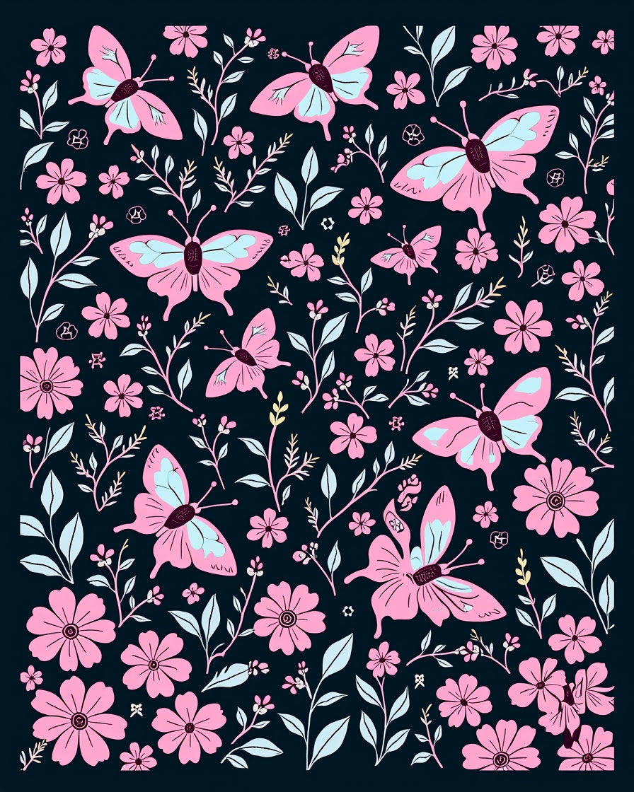 Pink Butterfly Floral Garden Print Rug