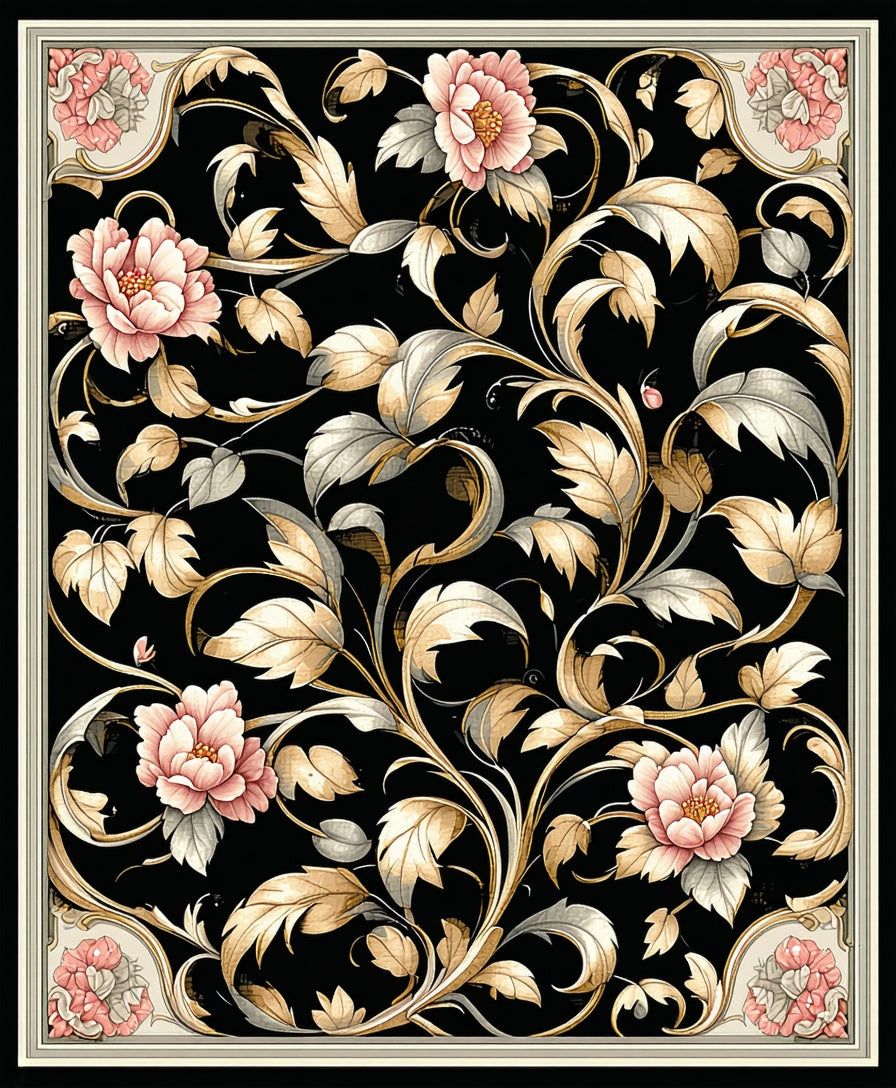 Black Floral Vine Scroll Patterned Rug