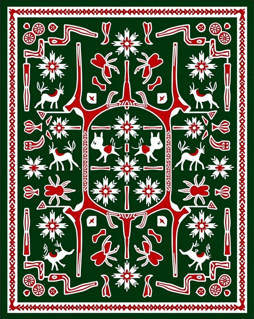 Deep Green White Red Animal Medallion Rug