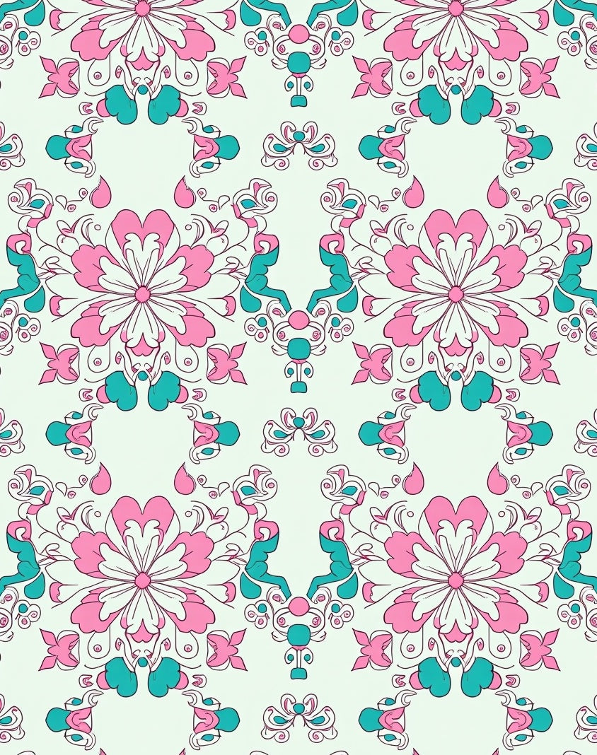 Pink Teal Floral Symmetry Pattern Rug