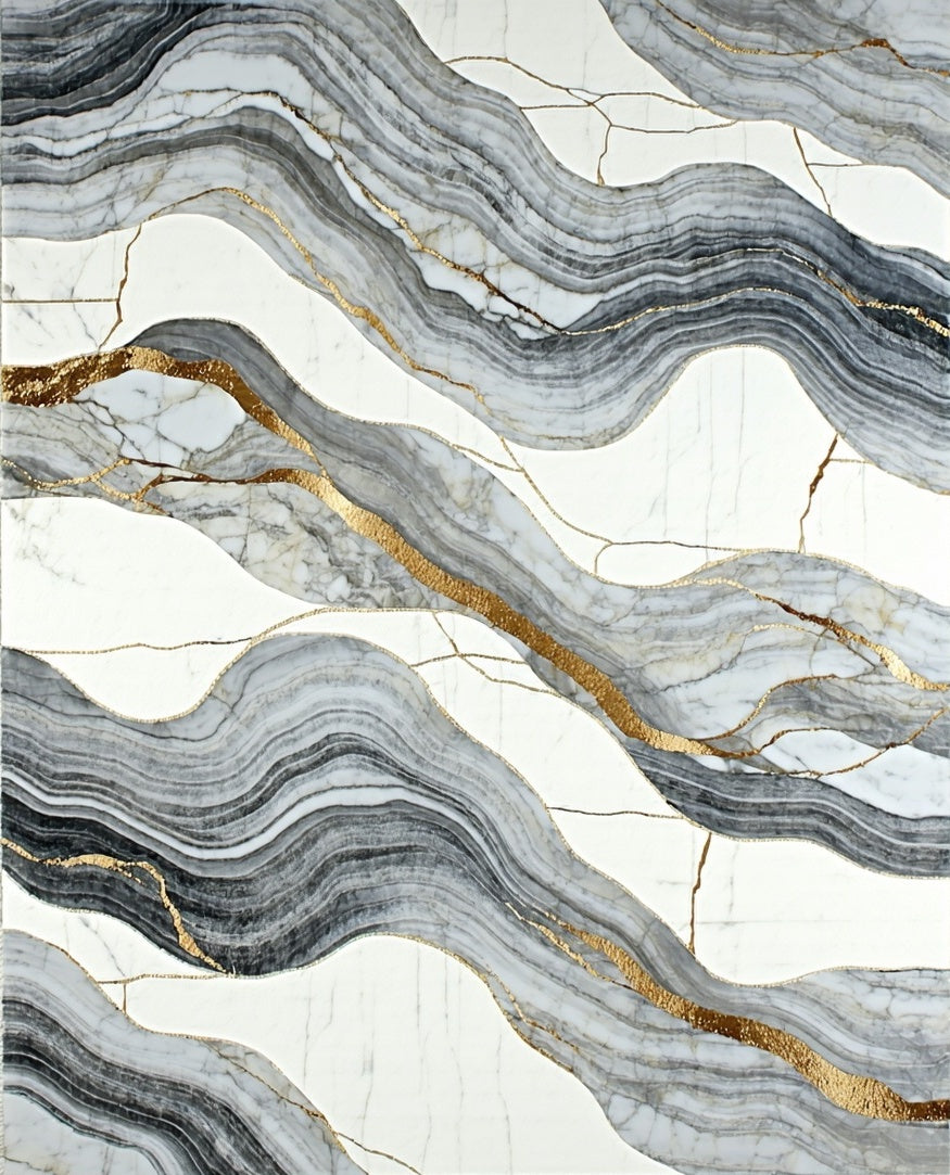 Abstract White Grey Gold Waves Rug