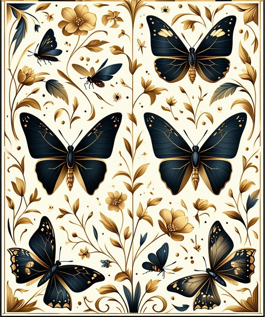 Dark Blue Gold Floral Butterfly Pattern Rug