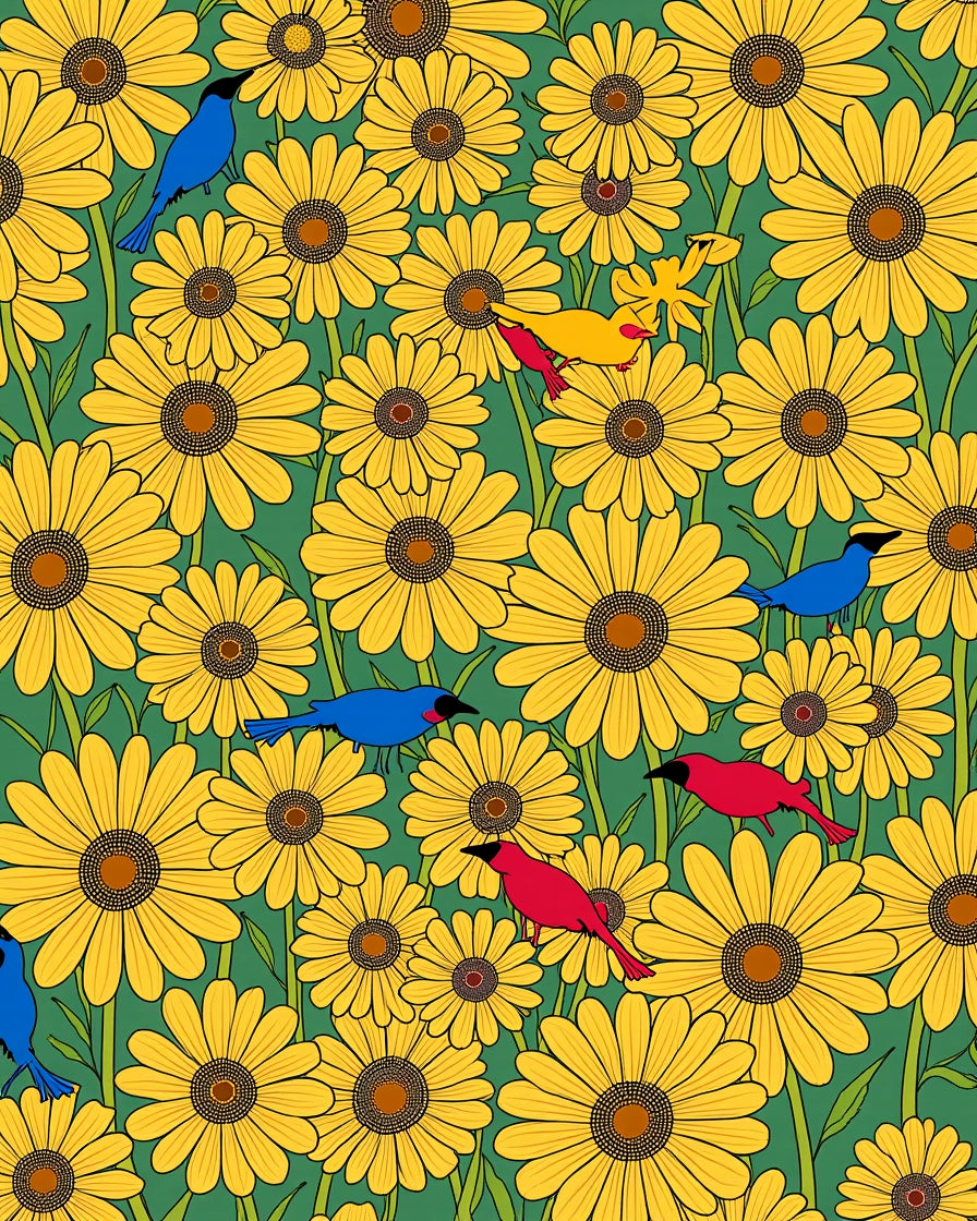 Floral Bird Pattern With Yellow Sunflowers Rug