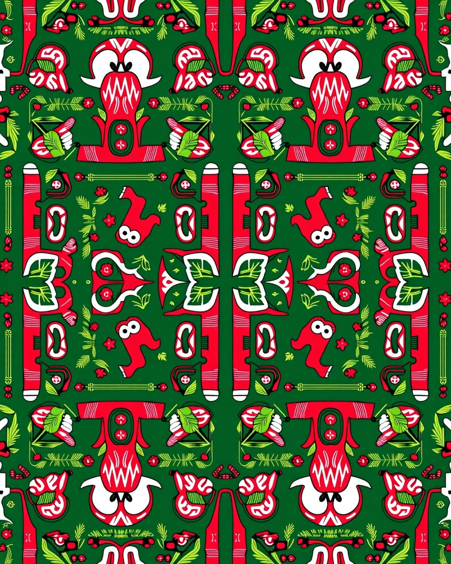 Folk Art Red Green Floral Animal Rug