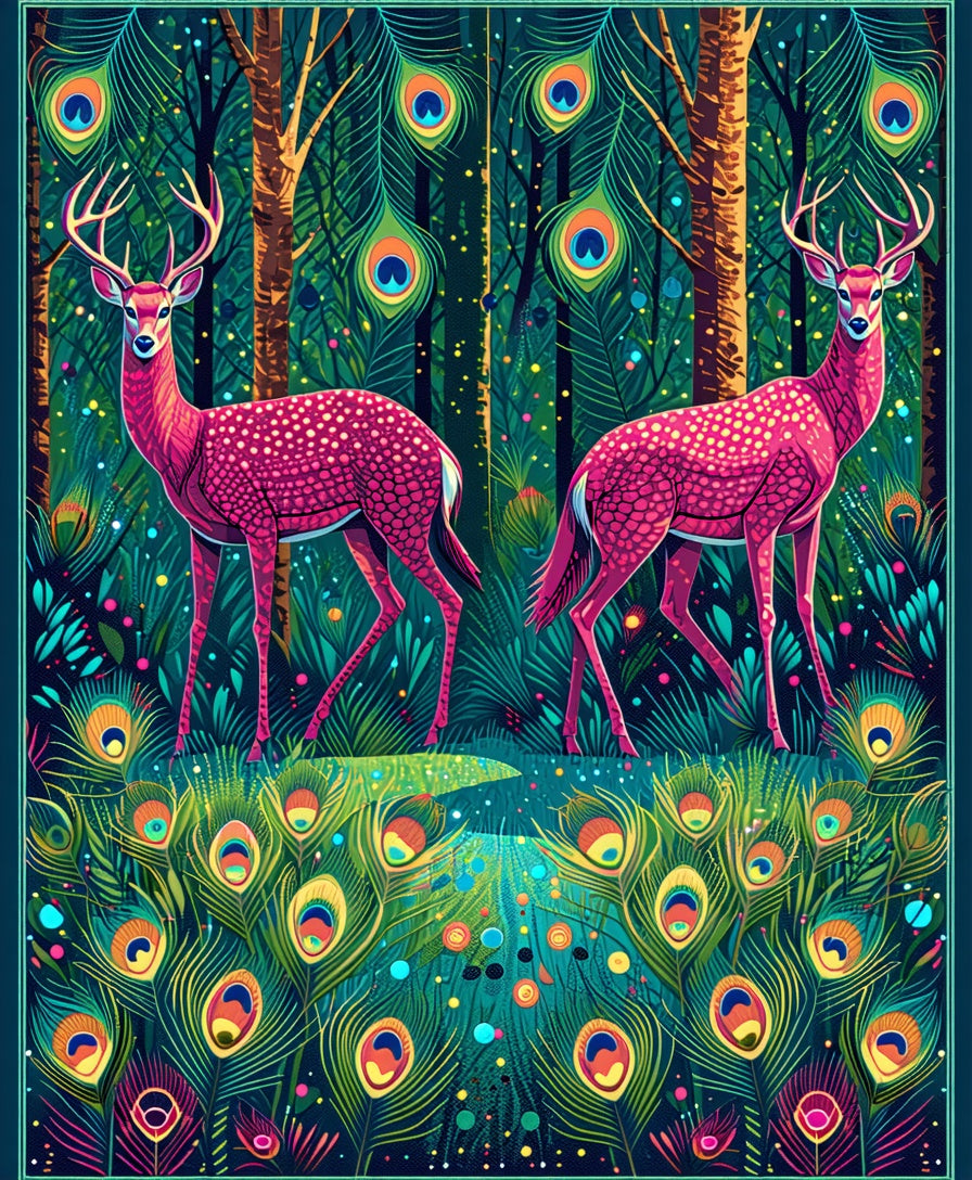 Whimsical Deer Peacock Feather Forest Rug