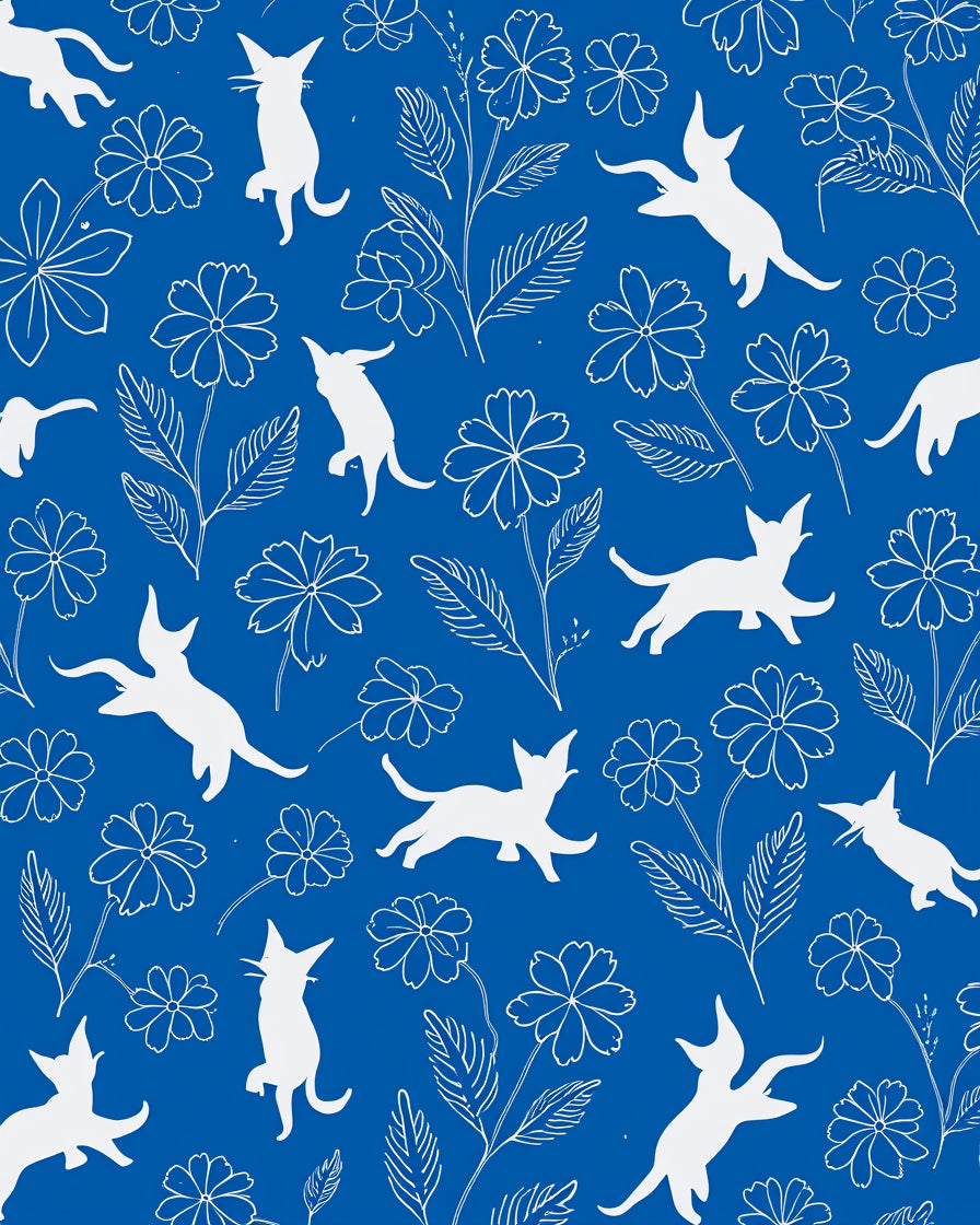Whimsical White Cats Floral Pattern Rug