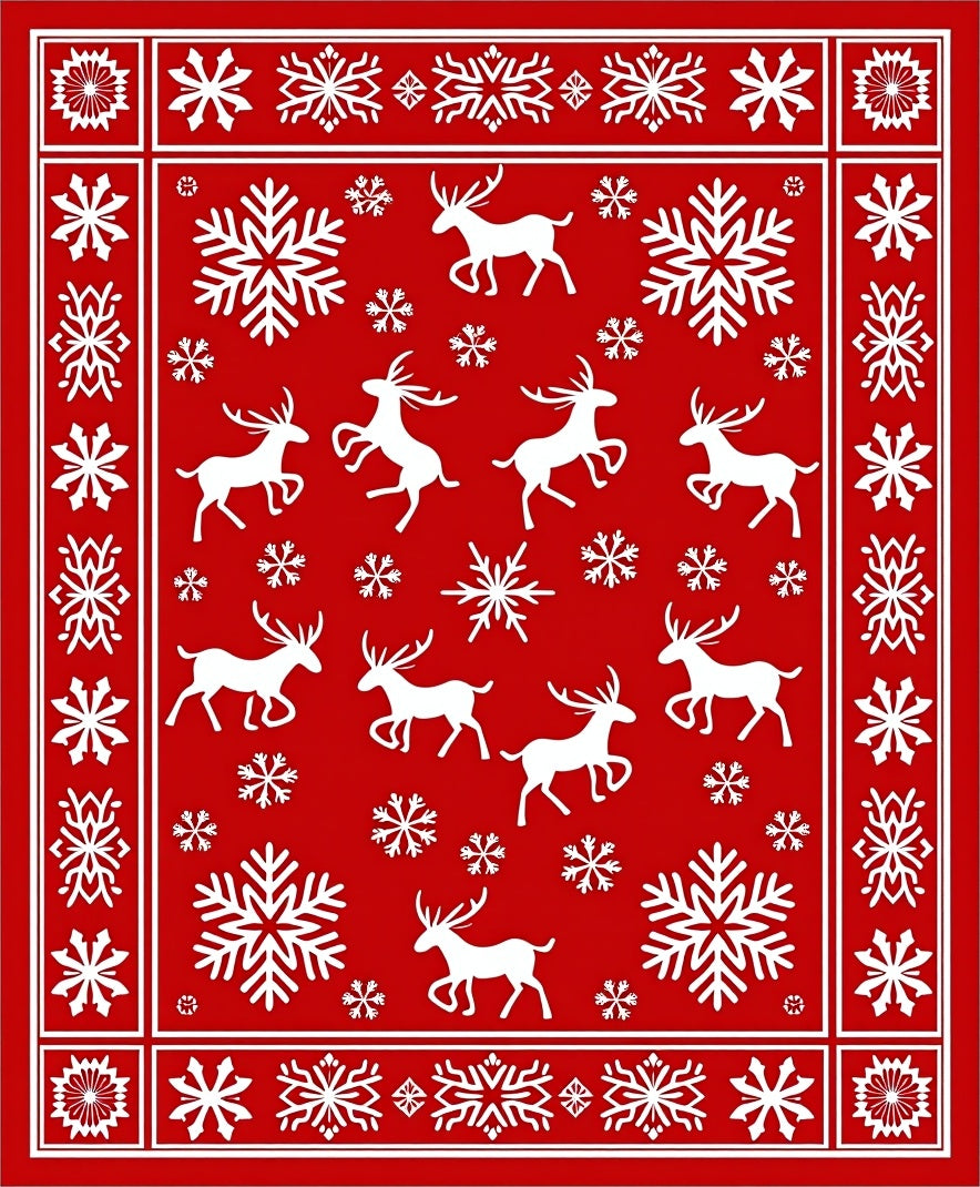 Red White Reindeer Snowflake Border Rug
