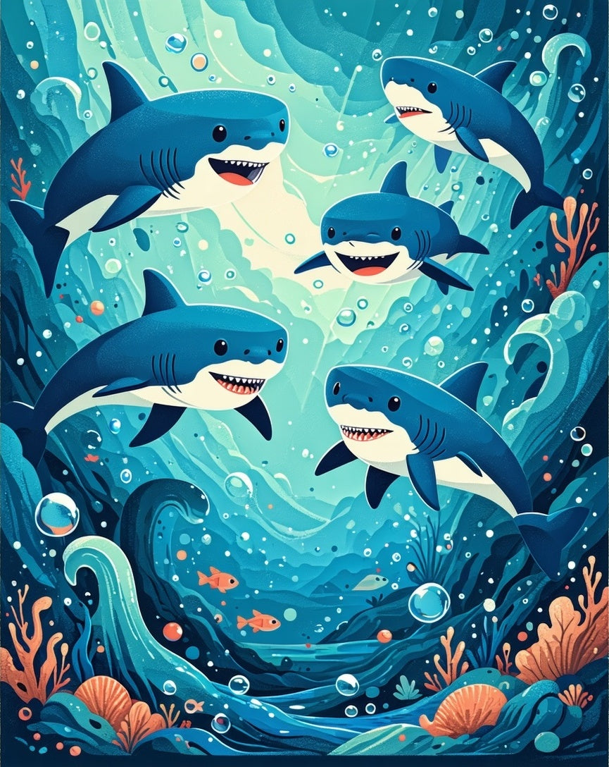 Playful Sharks Ocean Wave Design Rug
