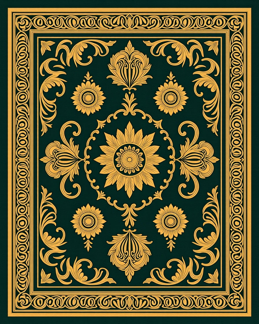 Ornate Gold Floral Bordered Emerald Rug