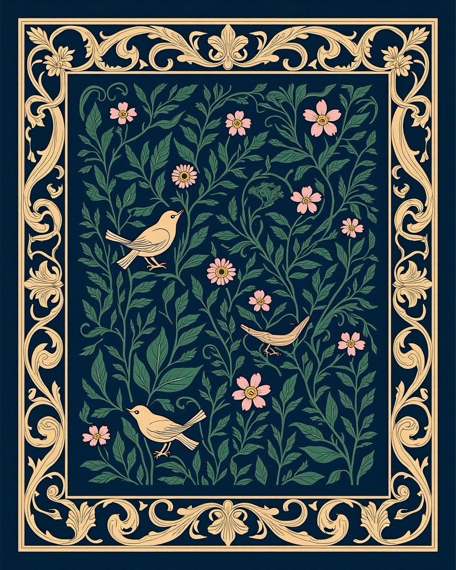 Birds and Floral Vines Pattern Rug