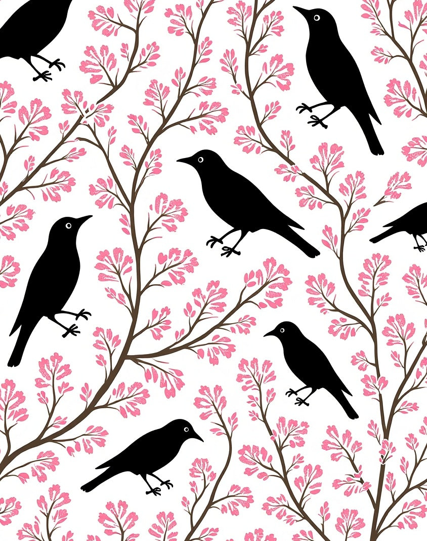 Black Birds Pink Blossom Pattern Rug
