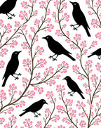 Black Birds Pink Blossom Pattern Rug