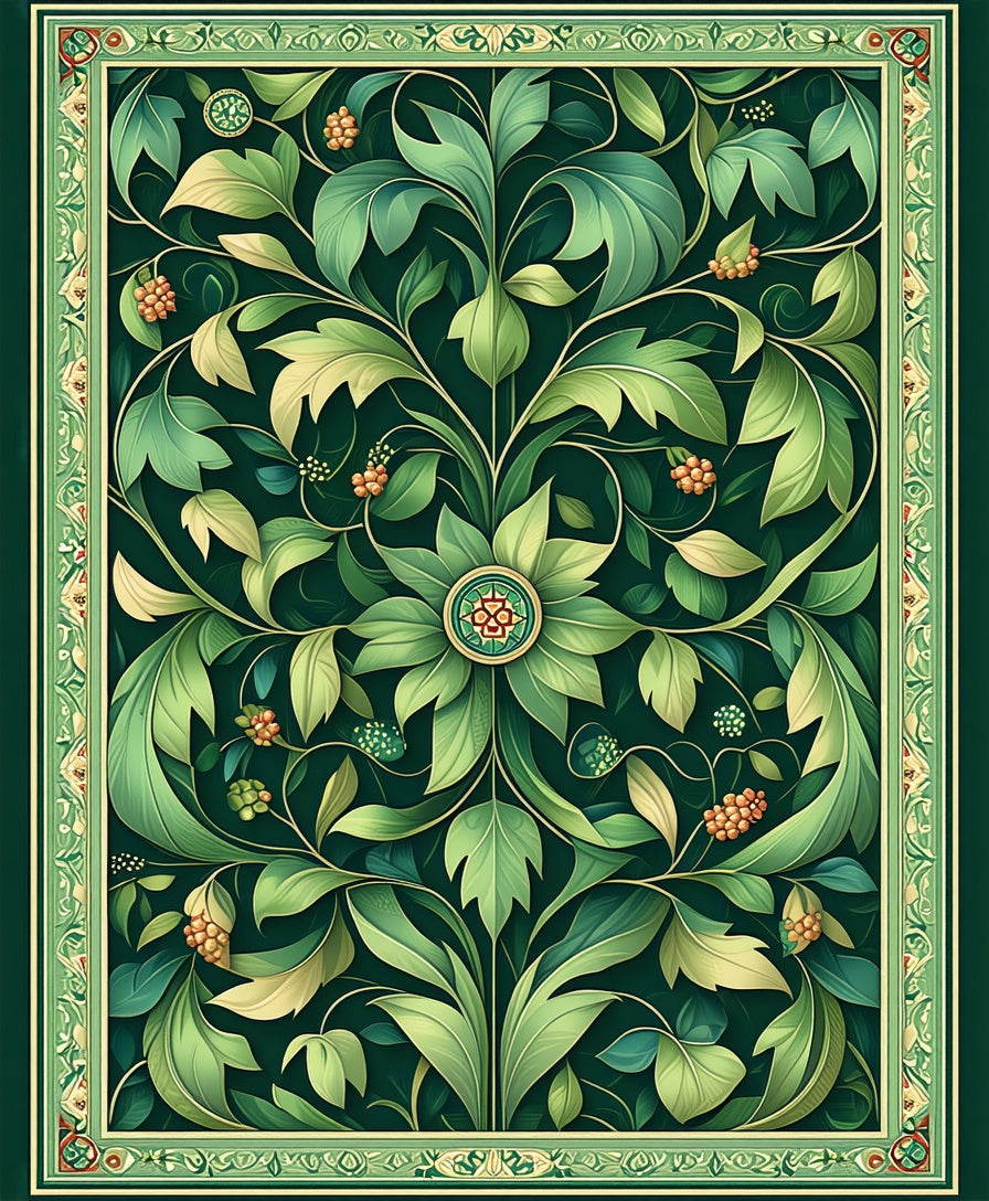Ornate Green Floral Scrollwork Rug