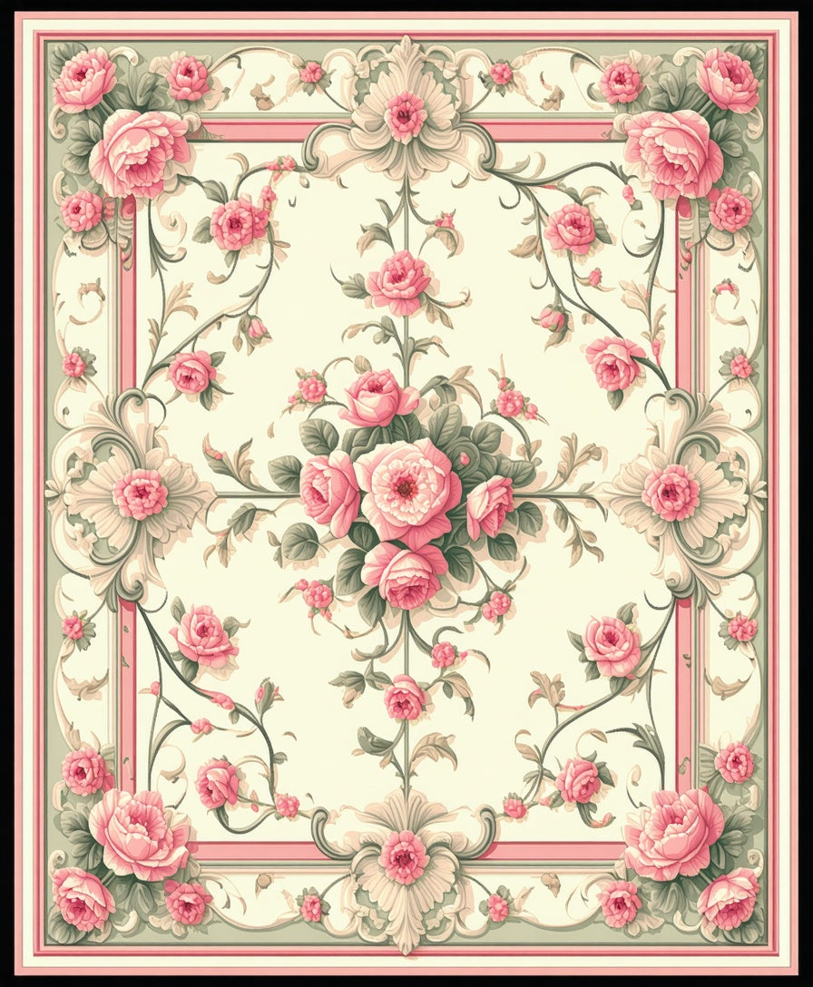 Vintage Floral Garden Pink Roses Rug