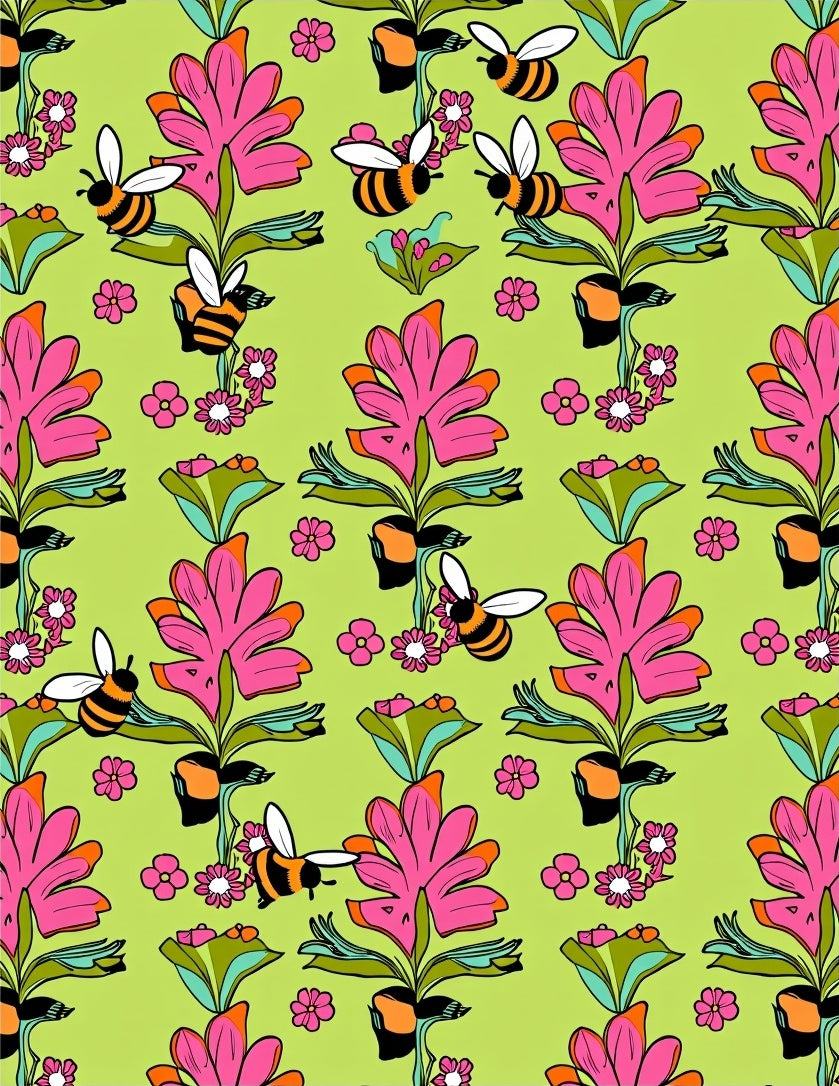 Pink Floral Bees On Lime Green Field Rug