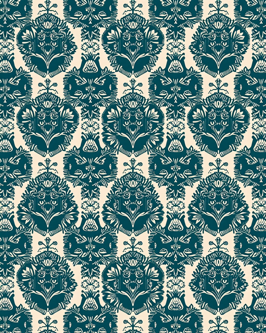 Dark Teal And Cream Damask Pattern Rug