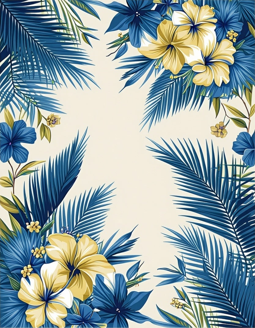 Tropical Blue and Yellow Floral Lush Palm Frond Rug