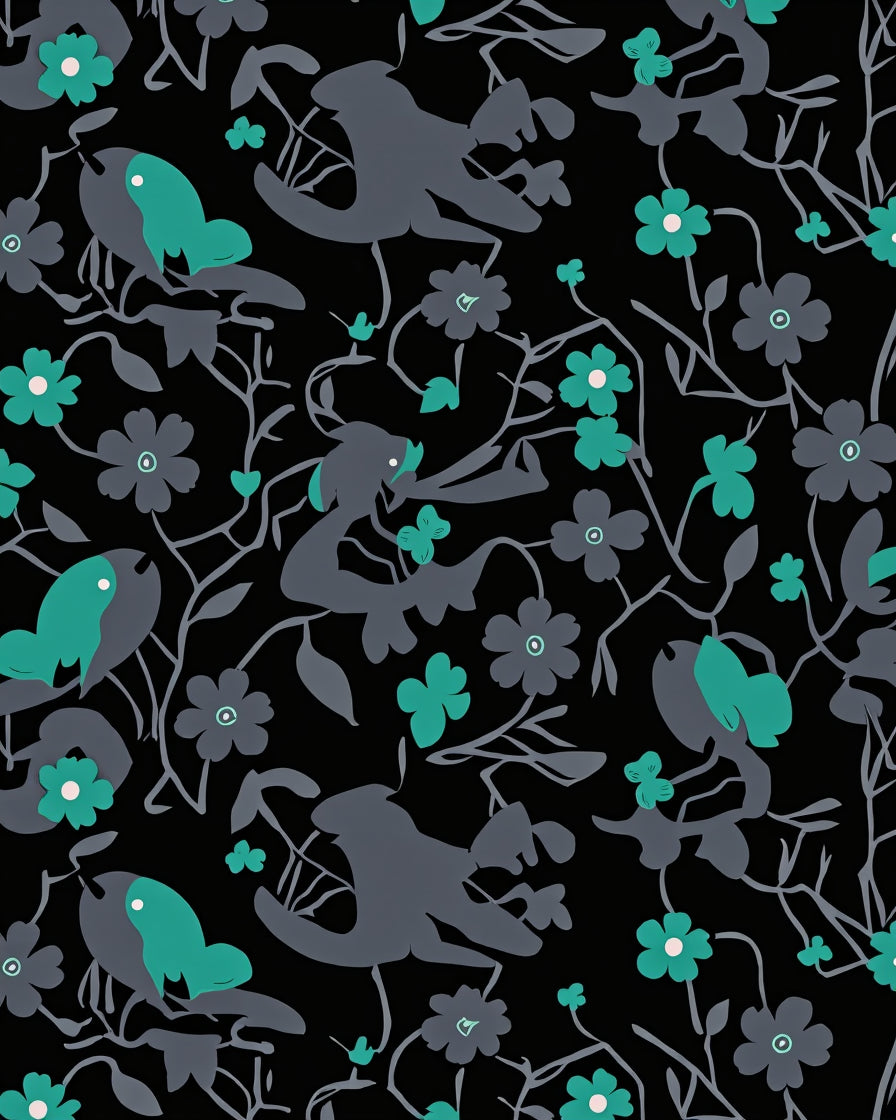 Dark Grey Teal Floral Bird Pattern Rug