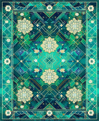 Geometric Floral Patterned Teal Rug