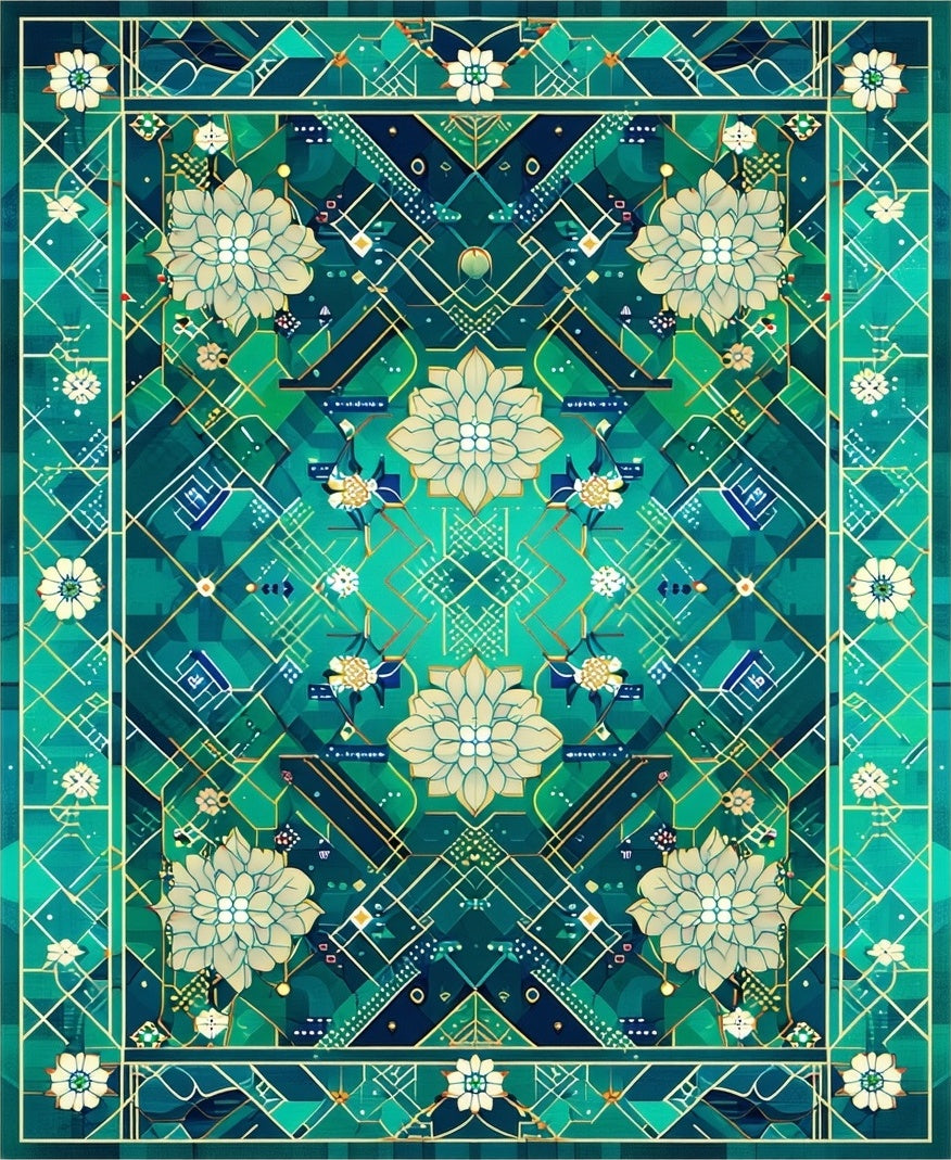 Geometric Floral Patterned Teal Rug