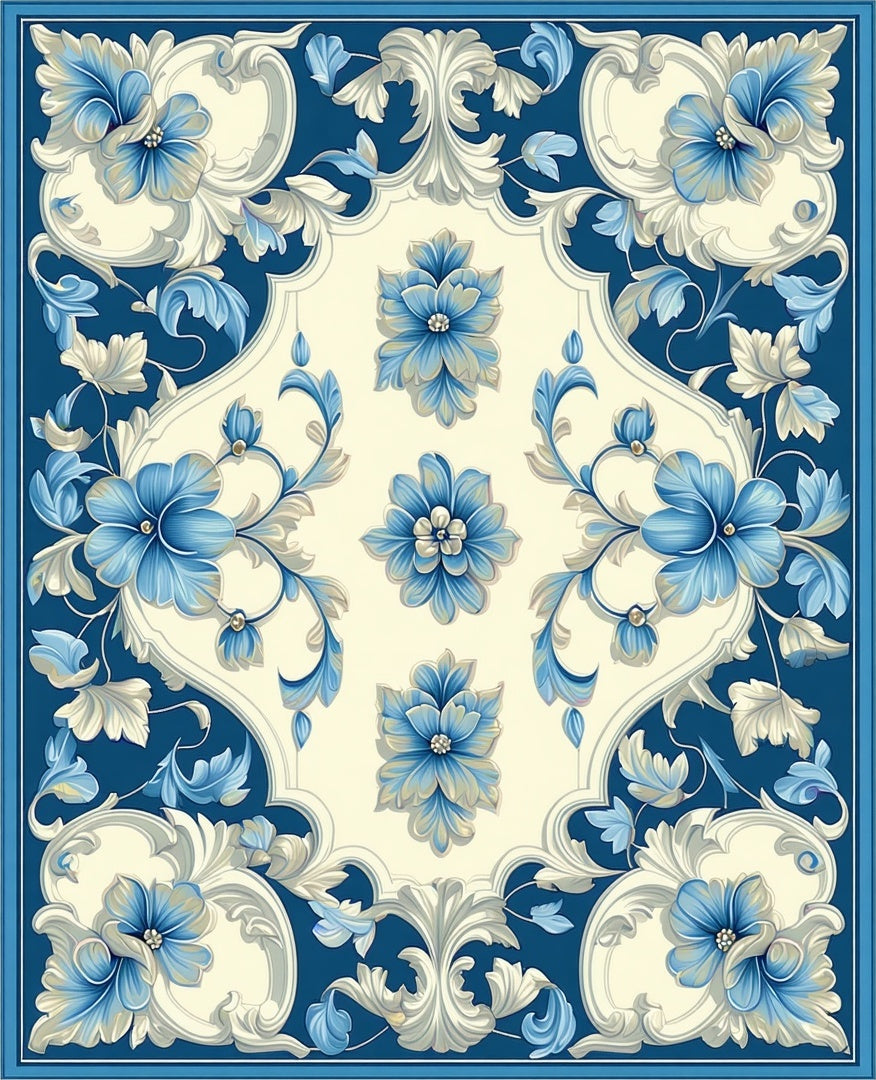 Elegant Blue Floral Scroll Pattern Rug