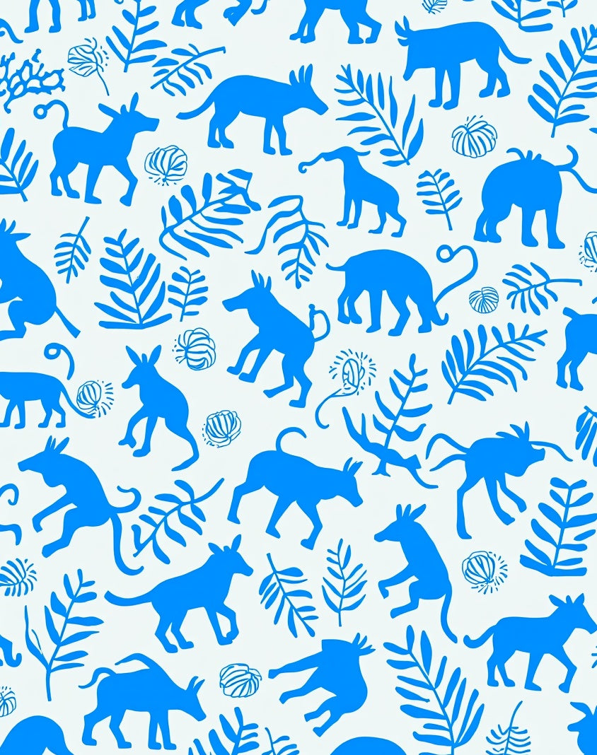 Playful Blue Animal Leaf Motif Rug