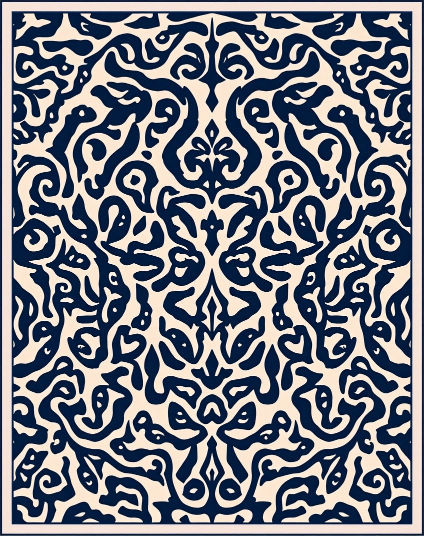 Ornate Navy Cream Scrollwork Pattern Rug