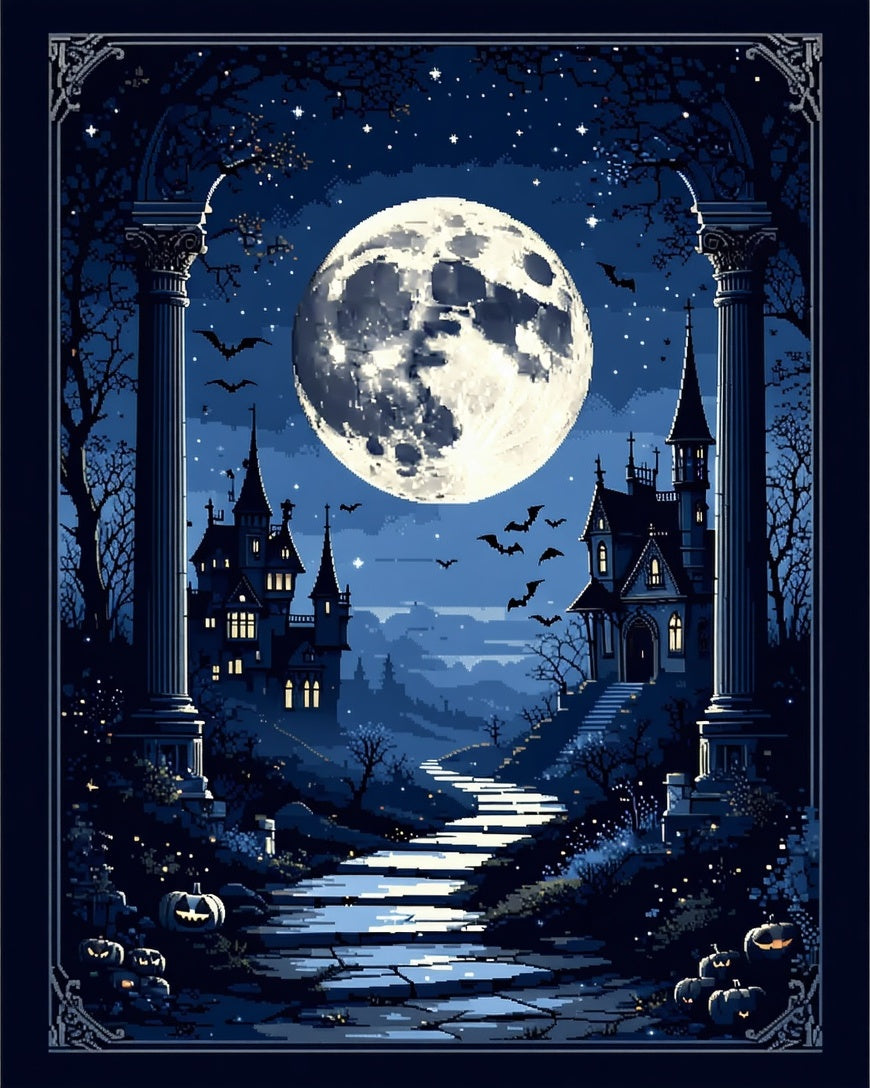 Haunted Moonlit Castle Pixel Landscape Rug